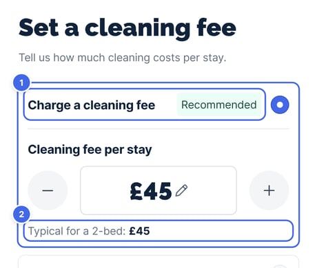 The Set a cleaning fee screen during setup, with Charge a cleaning fee marked Recommended and the typical fee for a 2-bedroom property