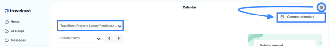 The calendar page with the settings cog and its Connect calendars option highlighted
