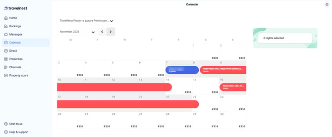 A Travelnest calendar showing bookings synced from Airbnb, with guest names hidden