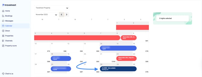 A Travelnest calendar showing bookings synced from Booking.com, with guest names hidden