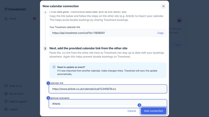The New calendar connection window with the Airbnb link pasted in Calendar link (1), Airbnb as the nickname (2), and Add connection (3)