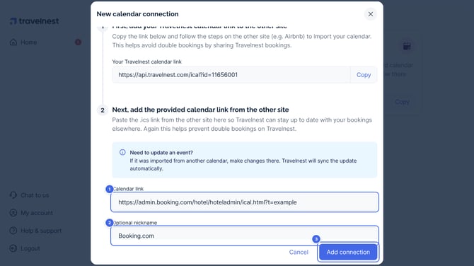 The New calendar connection window with the Booking.com link pasted in Calendar link (1), Booking.com as the nickname (2), and Add connection (3)