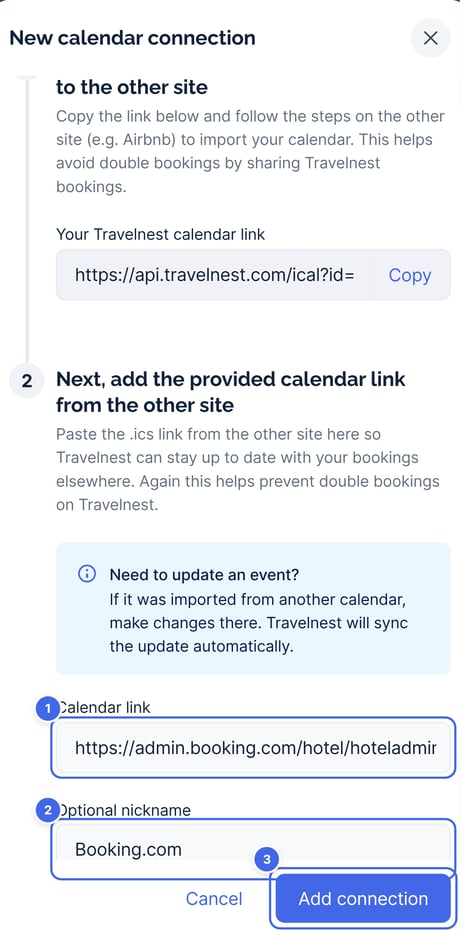 The New calendar connection window with the Booking.com link pasted in Calendar link (1), Booking.com as the nickname (2), and Add connection (3)