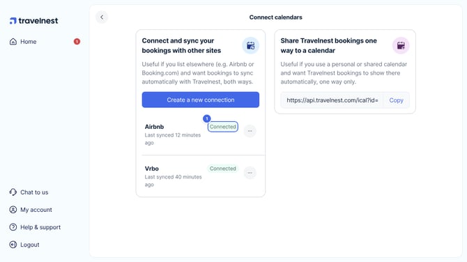 The Connect calendars page, with Connected marked 1 next to the Airbnb connection