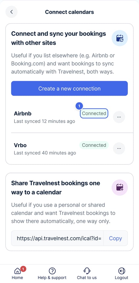 The Connect calendars page, with Connected marked 1 next to the Airbnb connection