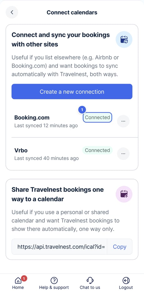 The Connect calendars page, with Connected marked 1 next to the Booking.com connection