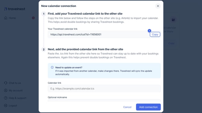 The New calendar connection window, with the Copy button next to your Travelnest calendar link marked 1