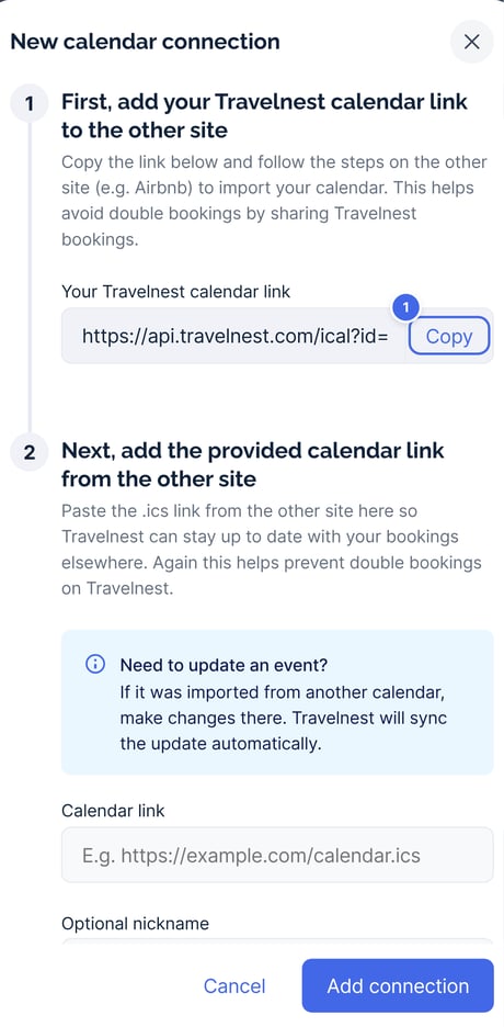 The New calendar connection window, with the Copy button next to your Travelnest calendar link marked 1