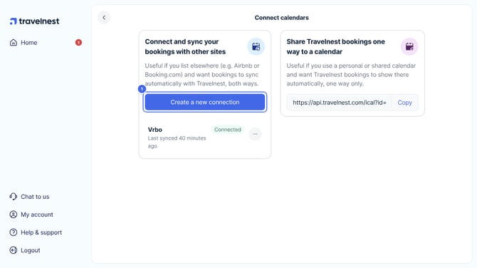 The Connect calendars page, with Create a new connection marked 1