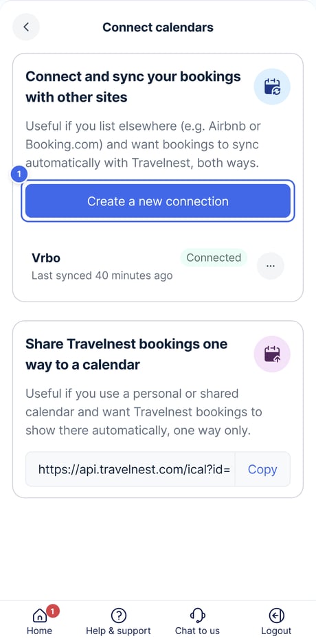 The Connect calendars page, with Create a new connection marked 1