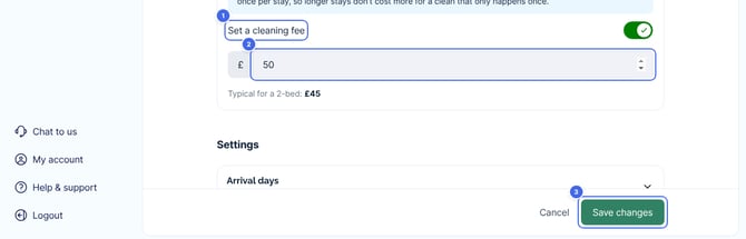 The Cleaning fee settings in Fees, with the Set a cleaning fee switch, the amount box and the Save changes button highlighted