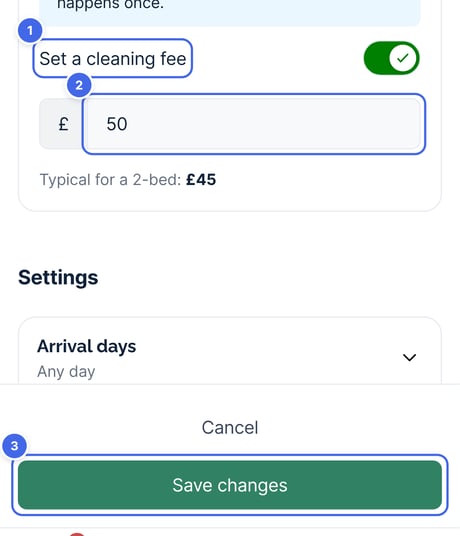 The Cleaning fee settings in Fees, with the Set a cleaning fee switch, the amount box and the Save changes button highlighted