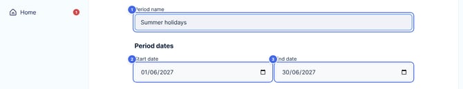 A new pricing period, with the Period name box and the start and end dates highlighted