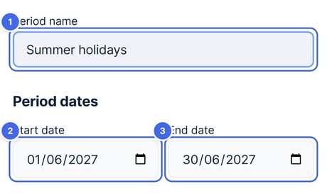 A new pricing period, with the Period name box and the start and end dates highlighted