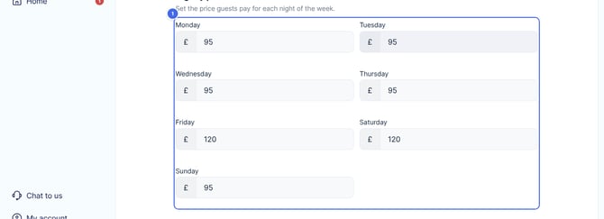 Nightly prices for a pricing period, with a price for each night from Monday to Sunday