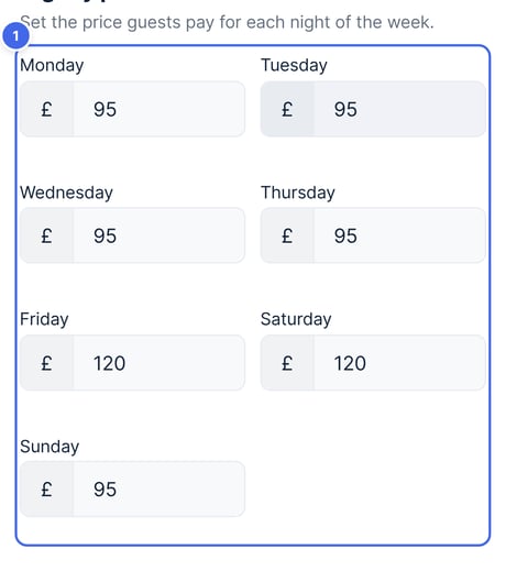 Nightly prices for a pricing period, with a price for each night from Monday to Sunday