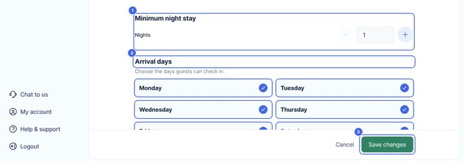 A pricing period's page, with Minimum night stay, Arrival days and the Save changes button highlighted