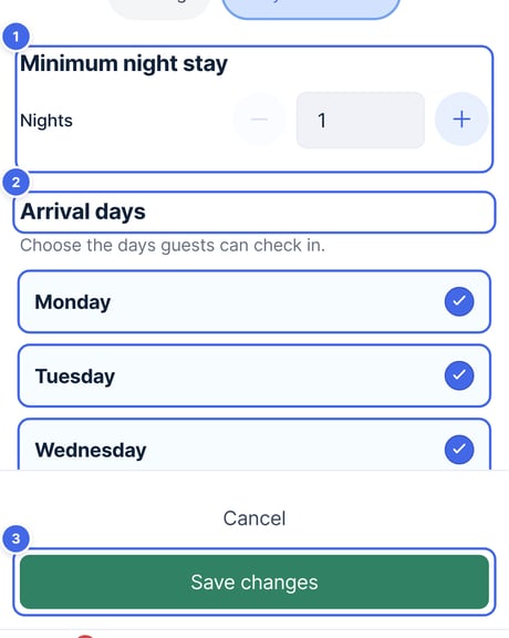 A pricing period's page, with Minimum night stay, Arrival days and the Save changes button highlighted
