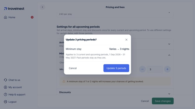 The confirmation that lists the setting being changed and the pricing periods it applies to