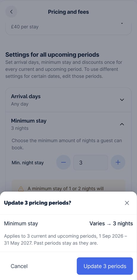 The confirmation that lists the setting being changed and the pricing periods it applies to