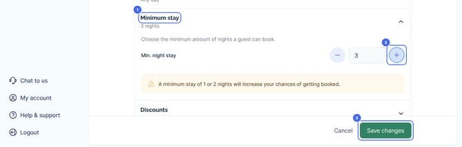 Settings on Pricing and fees for manual pricing, with Minimum stay, the plus button and Save changes highlighted