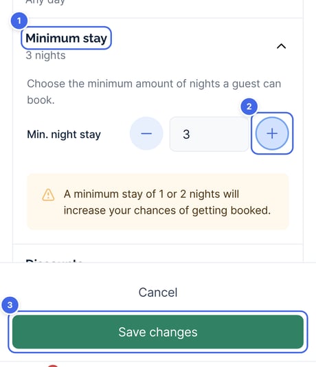 Settings on Pricing and fees for manual pricing, with Minimum stay, the plus button and Save changes highlighted