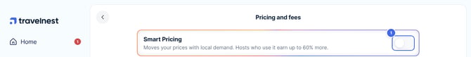 The top of Pricing and fees for a property with manual pricing, with the Smart Pricing switch highlighted