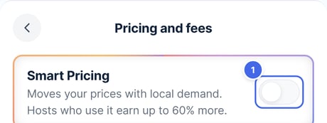 The top of Pricing and fees for a property with manual pricing, with the Smart Pricing switch highlighted