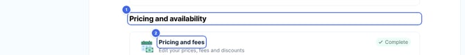 The property page, with the Pricing and availability section and the Pricing and fees option highlighted