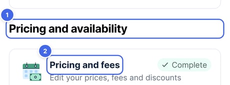 The property page, with the Pricing and availability section and the Pricing and fees option highlighted