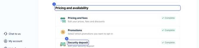 The property page, with the Pricing and availability section and the Security deposit option highlighted
