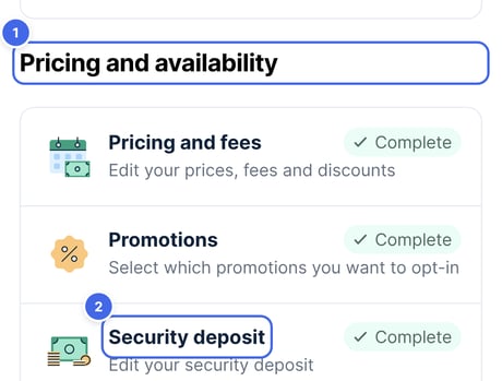 The property page, with the Pricing and availability section and the Security deposit option highlighted