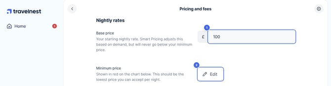 The Pricing and discounts page, with the base price and the minimum price Edit button highlighted
