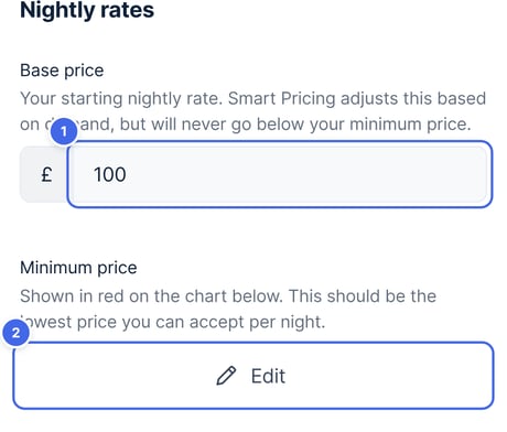 The Pricing and discounts page, with the base price and the minimum price Edit button highlighted