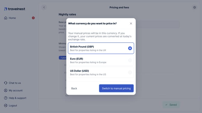 The question What currency do you want to price in?, with British Pound, Euro and US Dollar to choose from and the Switch to manual pricing button