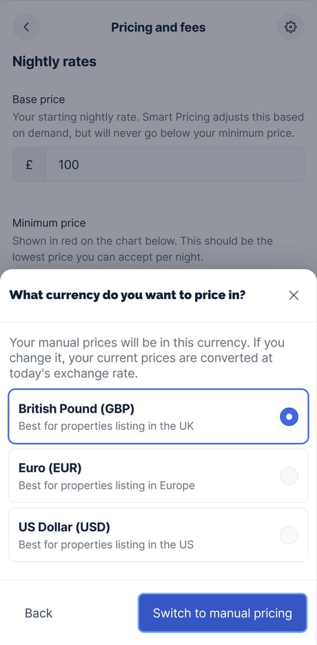 The question What currency do you want to price in?, with British Pound, Euro and US Dollar to choose from and the Switch to manual pricing button