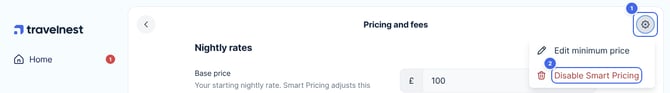 The Pricing and discounts page with the settings menu open, the cog icon and Disable Smart Pricing highlighted