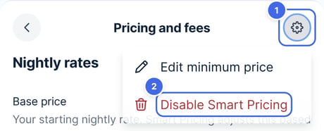 Pricing and fees with the Settings (cog) icon and Disable Smart Pricing highlighted