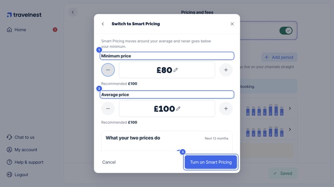 Switch to Smart Pricing, with Minimum price, Average price and the Turn on Smart Pricing button highlighted
