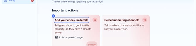 The Add your check-in details card under Important actions on the Home page