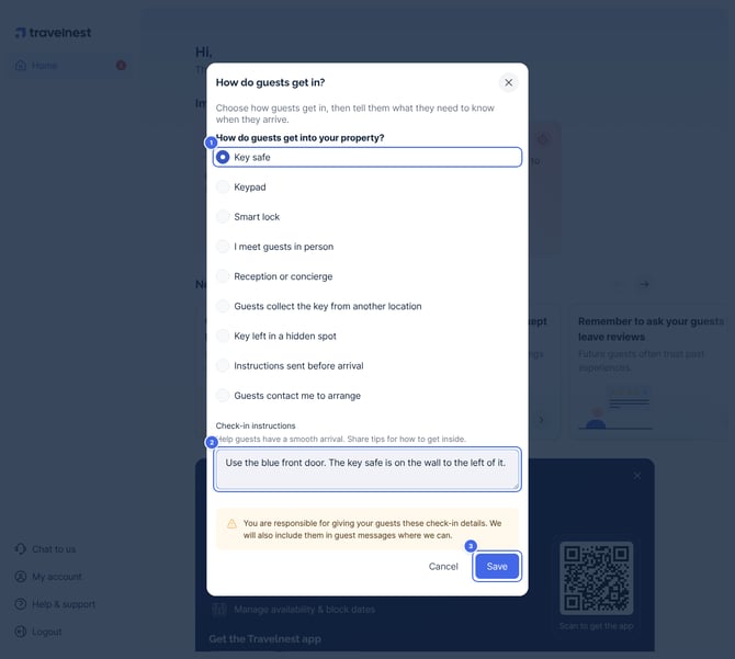 The How do guests get in? window with a check-in method chosen and instructions added