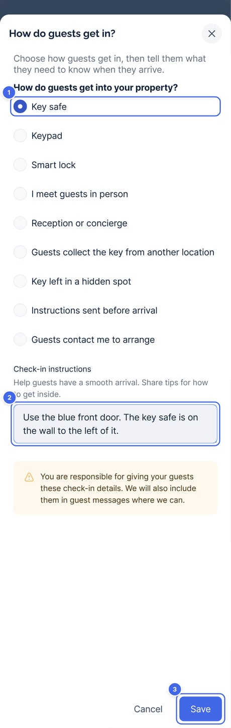 The How do guests get in? window with a check-in method chosen and instructions added