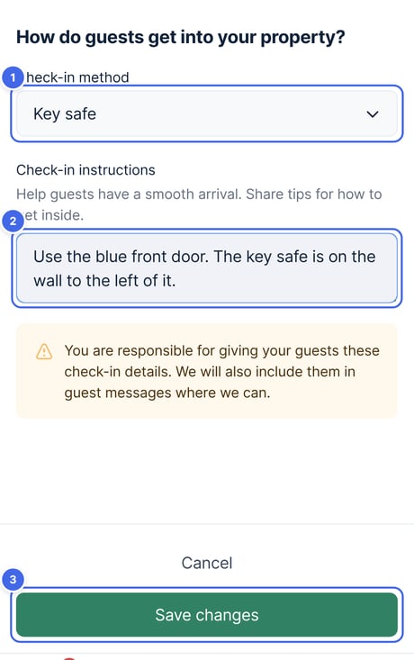 The How do guests get into your property? section on the Arrival and departure times page