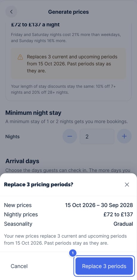 The confirmation before new prices replace current and upcoming pricing periods, with the Replace button highlighted