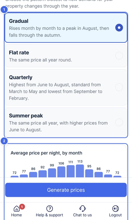 The four seasonality options and the preview of prices by month