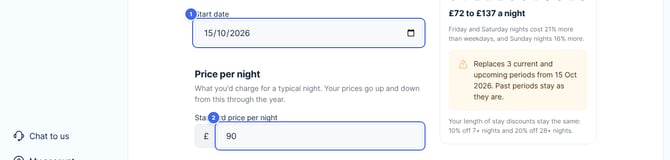 Generate prices, with the Start date and Standard price per night highlighted