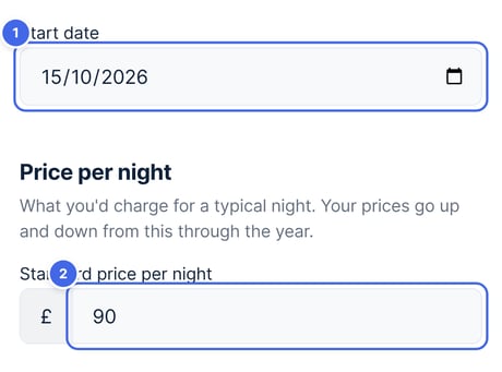 Generate prices, with the Start date and Standard price per night highlighted