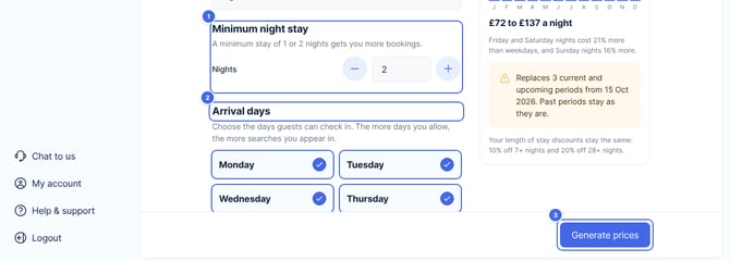Minimum night stay, Arrival days and the Generate prices button highlighted