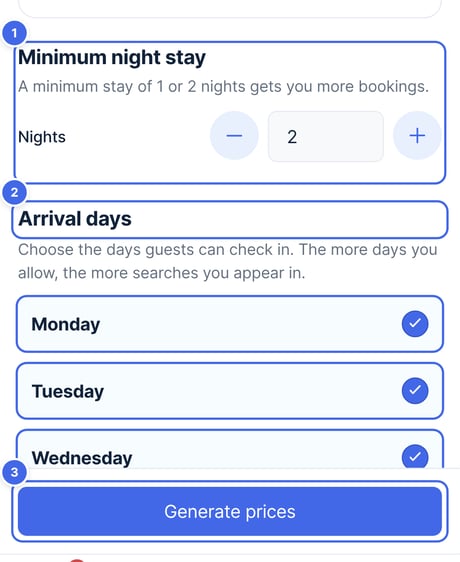 Minimum night stay, Arrival days and the Generate prices button highlighted