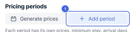 Pricing periods on Pricing and fees, with the Add period button highlighted